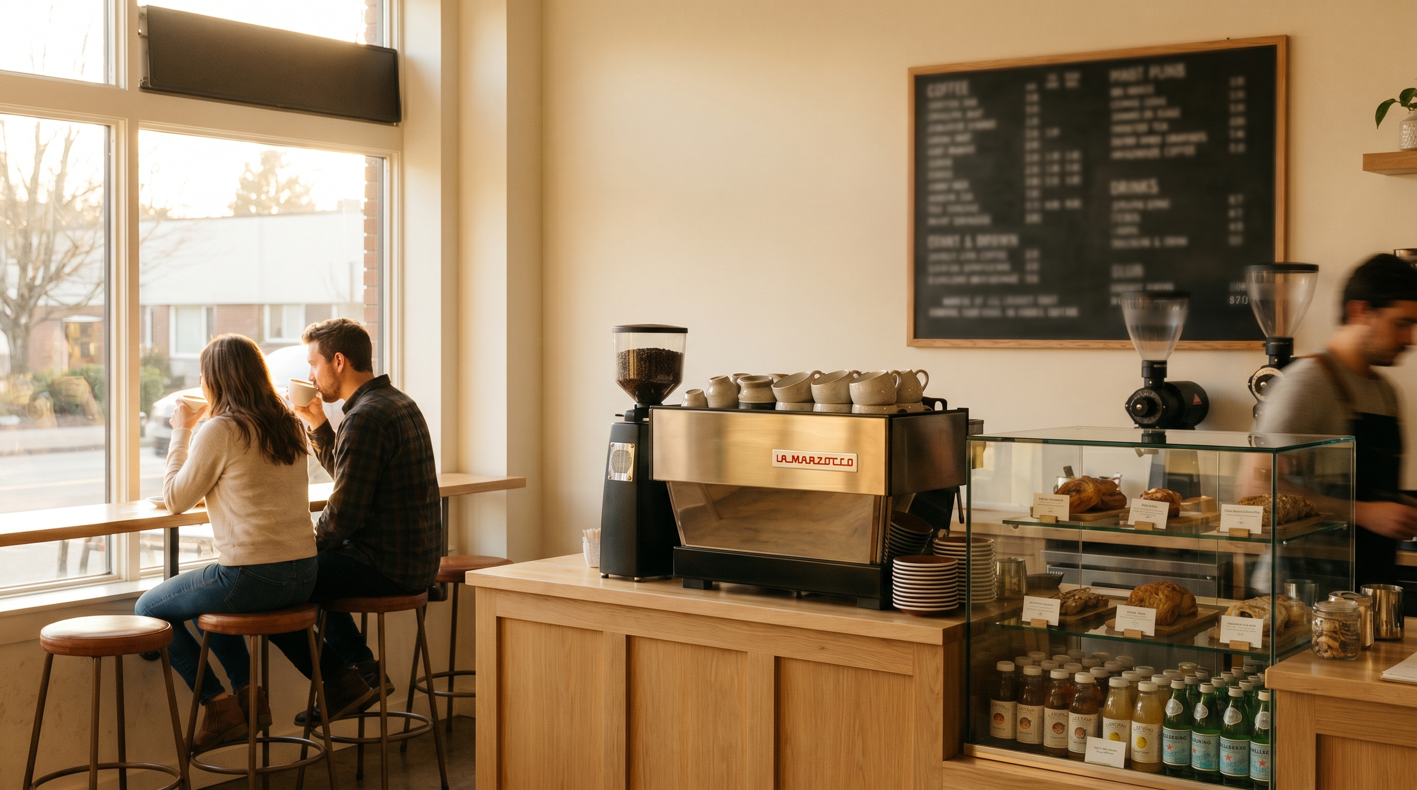 Modern independent coffee shop interior with a wooden bar, espresso machine, ceramic cups, and a glass display of pastries and grab-and-go bottled drinks.